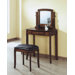 Vanity Set with Brown Leatherette Stool and Mirror in Walnut