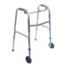 Single Release Aluminum Folding Walker with 5" Non Swivel Wheels in Silver