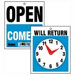 Business Sign on Chain, Open/Closed Will Return w/Digital Clock, Plastic, 11 x 8