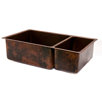 33" Copper Hammered 75 / 25 Double Bowl Kitchen Sink in Oil Rubbed Bronze