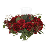 Silk Rose Arrangement Candleholder in Red