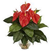 Anthurium with Fluted Glass Bowl Silk Flower Arrangement