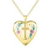 Cross and Flowers Heart-Shaped Locket Necklace