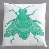Bee Turquoise Pillow on White Linen