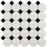 Retro 11-1/2" x 11-1/2" Porcelain Octagon Mosaic in Matte White with Glossy Black Dot