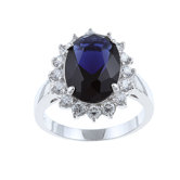 Sterling Essentials Sterling Silver Blue Glass and Clear Cubic Zirconia Diana Ring