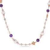 &nbsp;Sterling Silver Cable-chain Round Faceted-cut Amethyst Gemstones and Freshwater Pearls Flower Charm Necklace