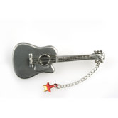 Guitar with Red Star Stick Pin in Matte Silver