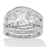 Platinum Plated Princess and Round Cubic Zirconia Ring Set