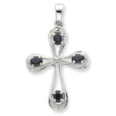 Sterling Silver Rhodium Dark Sapphire and Diamond Cross Pendant