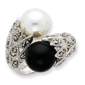 Sterling Silver CZ Black White Cultured Pearl Ring