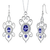 Oval and Round Shape Sapphire Pendant Earrings Set in Sterling Silver