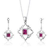 Sterling Silver Princess Cut Gemstone Pendant Earrings and 18" Necklace Set