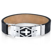 Harmony of Faith Cross and Star of David Black Genuine Leather Men's &nbsp;Stainless Steel Bracelet
