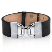Simple Link Design Black Genuine Leather and Stainless Steel Bracelet