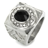 Stainless Steel Oval Royal Onyx and Cubic Zirconia Halo Ring