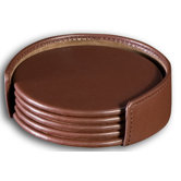 1000 Series Classic Leather Four Round Coasters with Holder in Chocolate Brown