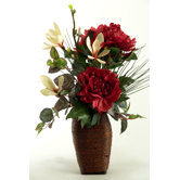Peonies, Japanese Magnolia and Foliage in Wooden Vase