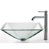Square Clear Aquamarine Glass Sink and Ramus Faucet