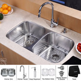 32" Undermount 50/50 Double Bowl Kitchen Sink with 15" Faucet and Soap Dispenser