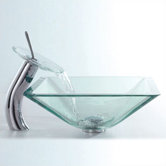 Glass Sink Combinations Aquamarine Square Vessel and Waterfall Faucet