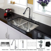 33 inch Double Bowl Stainless Steel Kitchen Sink with Chrome Kitchen Faucet and Soap Dispenser