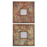 Colorful Flowers Mirrors in Antiqued Gold - Set of 2