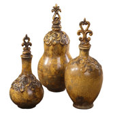 Three Piece Asita Yellow Bottle Set in Heavily Distressed Antiqued Crackled Golden Yellow