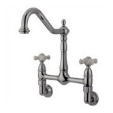 Heritage Double Handle Wall Mount Bridge Kitchen Faucet with Porcelain Cross Handles