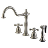 Heritage Double Handle Widespread Kitchen Faucet with Brass Side Spray and Metal Cross Handles