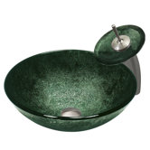 Emerald and Black Tempered Glass Vessel Sink with Matching Waterfall Faucet