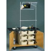 Mobile Science Demonstrator Table with Overhead Mirror and Black HPL Top in Light Oak