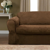 Piped Faux Suede Separate Seat Loveseat Slipcover