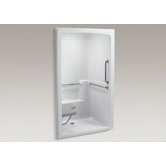 Freewill Barrier-Free Shower Stall with Polished Stainless Steel Grab Bars and Seat at Left