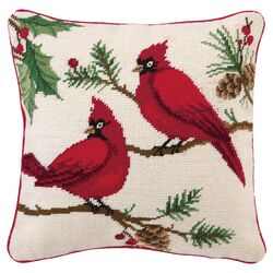 Needlepoint Winterberry Cardinals Pillow in Ivory
