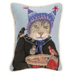 Hat Cat Needlepoint Pillow in Blue