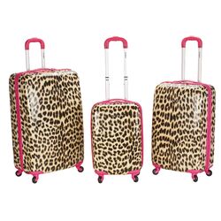 Vision Leopard Print 3 Piece Luggage Set in Brown & Pink