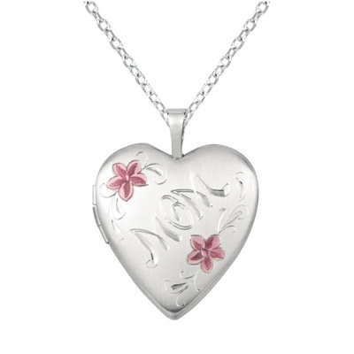EZ Charms "Mom" and Flower Heart-Shaped Locket Necklace