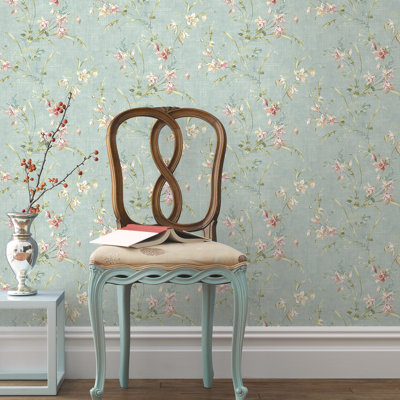 Willow Cottage Lily Trail Wallpaper in Light Blue