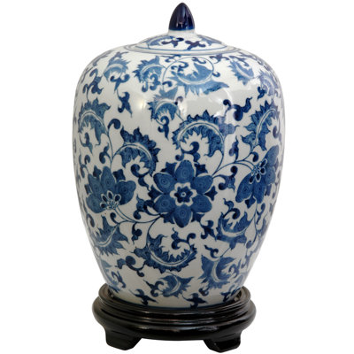 Vase Jar with Blue Floral Design in White