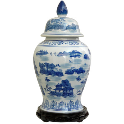 Temple Jar with Blue Landscape Design in White