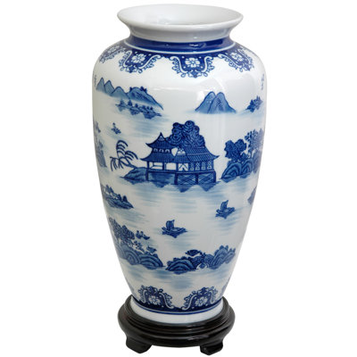 Tung Chi Vase with Blue Landscape Design in White