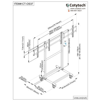 Cotytech Adjustable Ergonomic Mobile Dual TV Cart for 32" - 46"