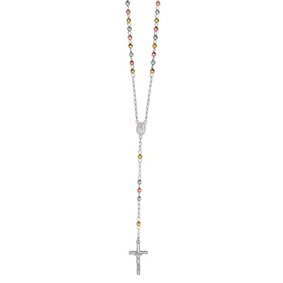 Jewelryweb Sterling Silver 4mm Plated Fancy Diamond-cut Rosary Necklace - 26 Inch