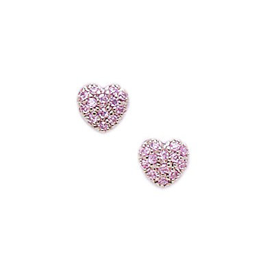 14k White Gold Pink CZ Heart Screwback Earrings