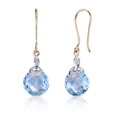 Oravo 10 Karat Two Tone Gold 9.00 carat Round Checkerboard Cut Blue Topaz Diamond Earrings (0.04 carat Stone)