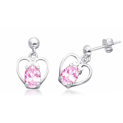 Oval cut Pink Cz Dangling Heart Earrings in Sterling Silver