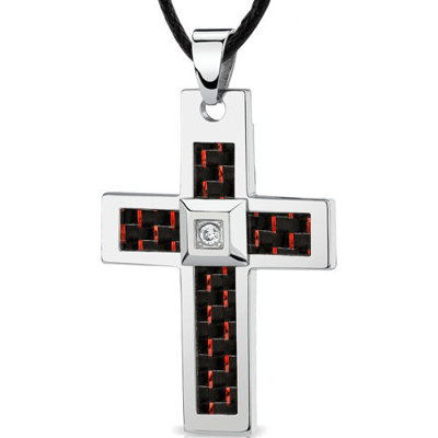 Stainless Steel Large Cross Pendant with Black-Red Carbon Fiber Inlay on Adjustable Black Cord