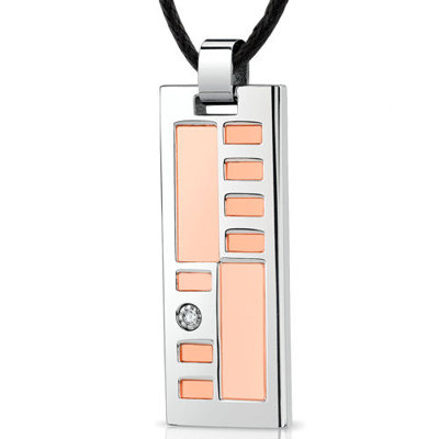 Stainless Steel Rose Gold, Solitaire CZ Fancy Dog Tag Pendant with Adjustable Black Cord