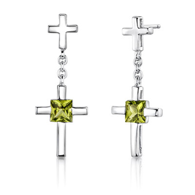 Oravo Sterling Silver Cross Design 2.50 Carats Princess Cut Peridot Pendant Earrings and 18" Necklace Set
